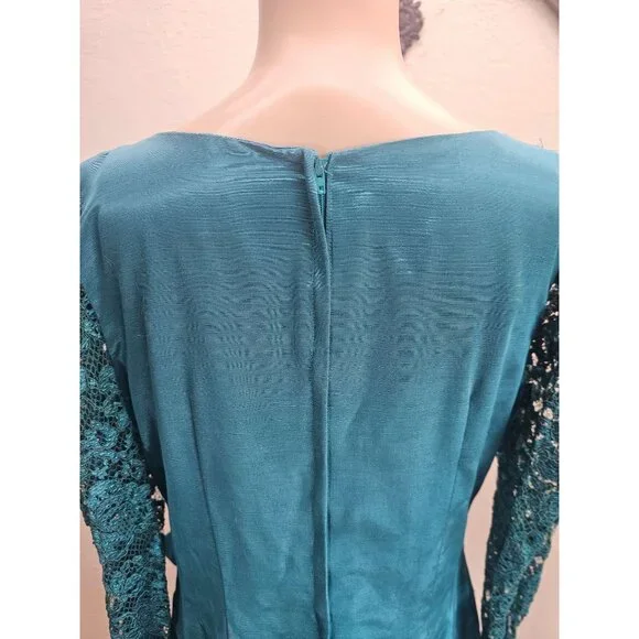 Vintage 80s Evening Dress Medium Teal Modest Full Skirt - Picture 6 of 7